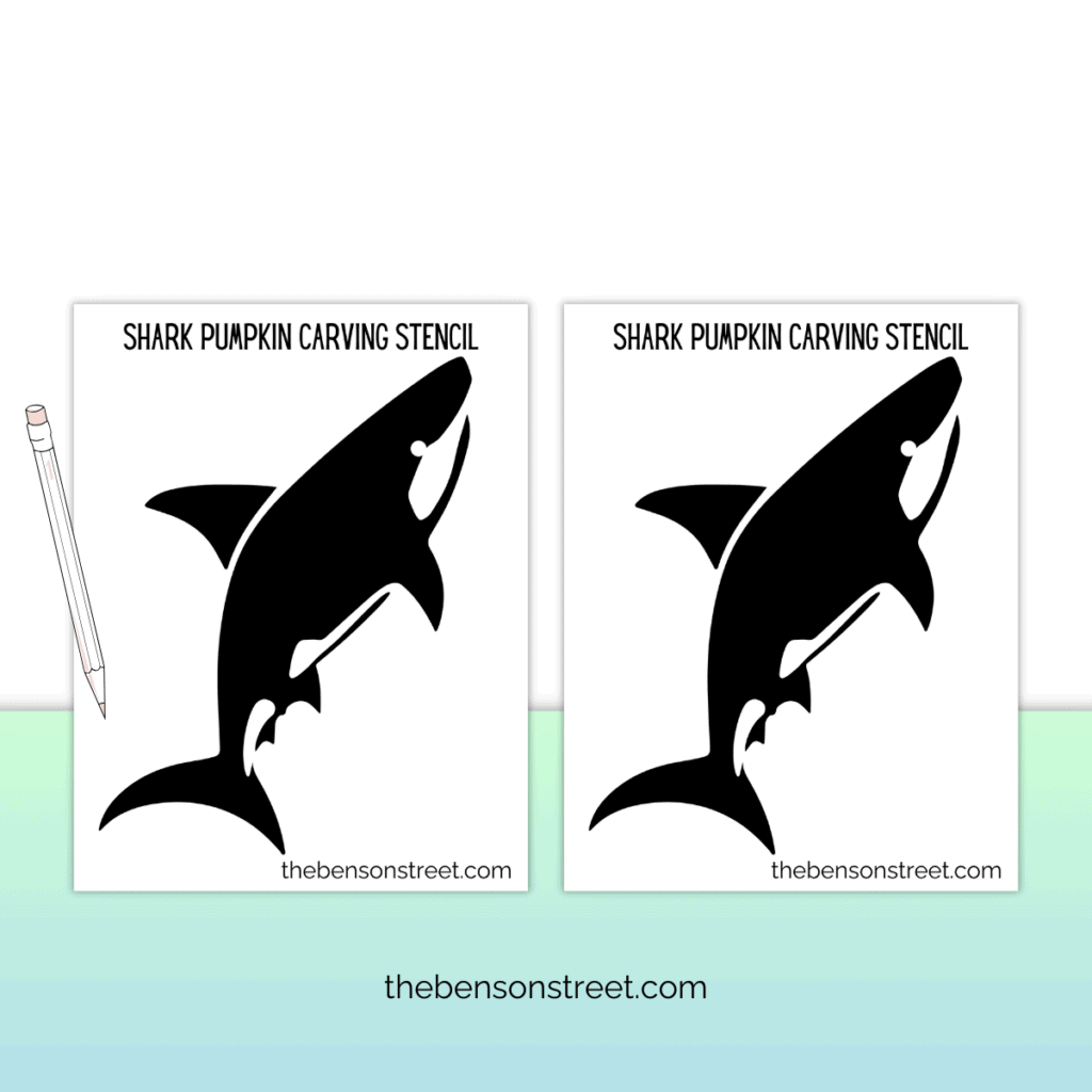 A simple and bold shark pumpkin stencil design with an open mouth and prominent dorsal fin, ideal for Halloween carving projects.