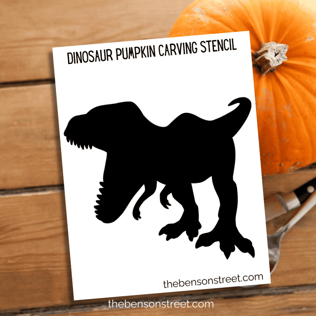 T-Rex pumpkin carving stencil with a dramatic silhouette, emphasizing the dinosaur’s powerful build and long tail.