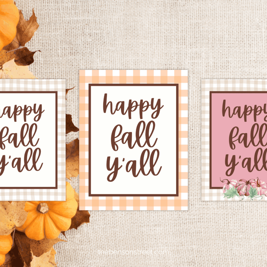 Three different versions of a Happy Fall Y'all Sign Printable.