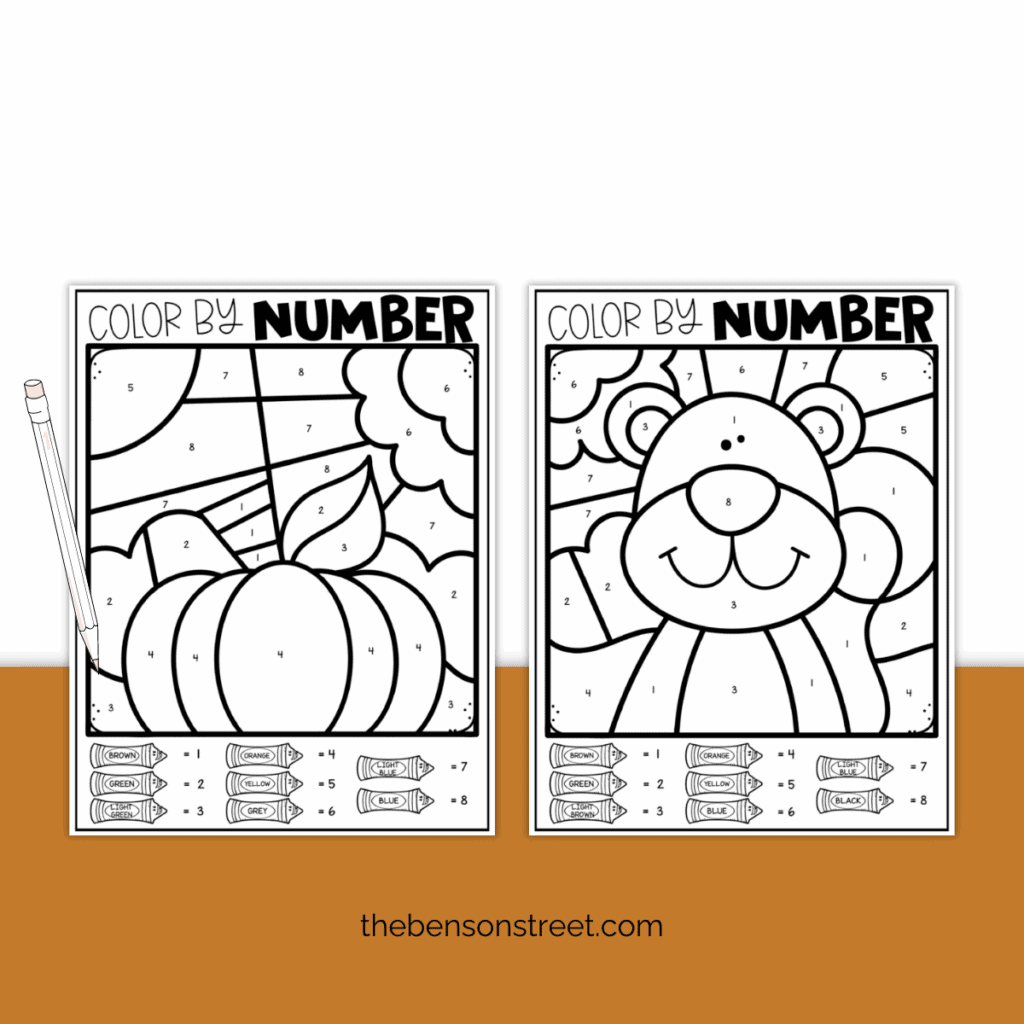 Two fall color by number pages one with a pumpkin and one with a bear.