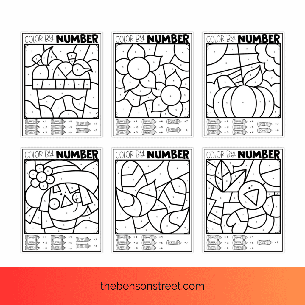 Six different examples of printable color by number fall worksheets