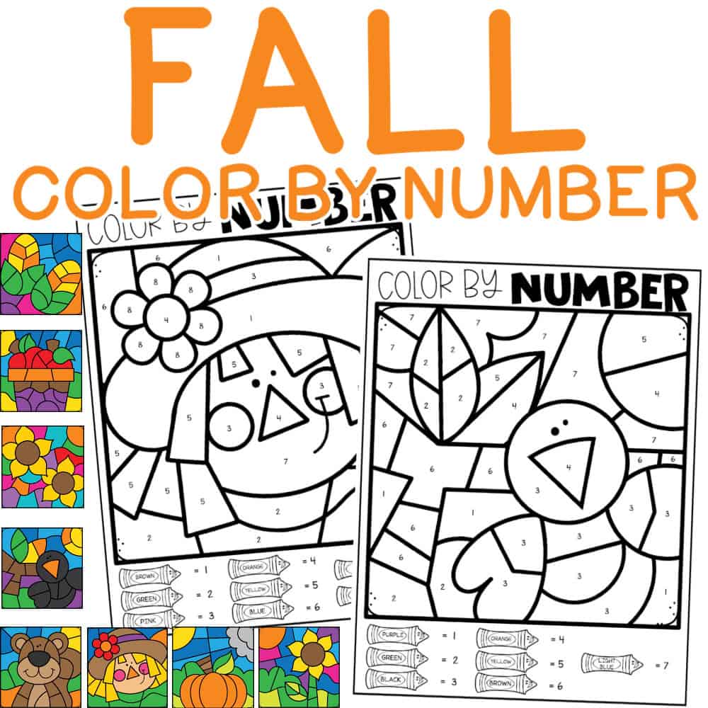All eight color by number fall worksheets filled in with two examples uncolored.