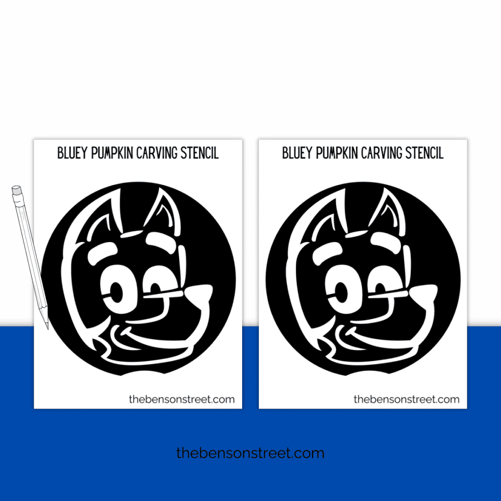 A printable template of Bluey's face, featuring clean lines and easy-to-follow instructions for carving the design into a pumpkin.