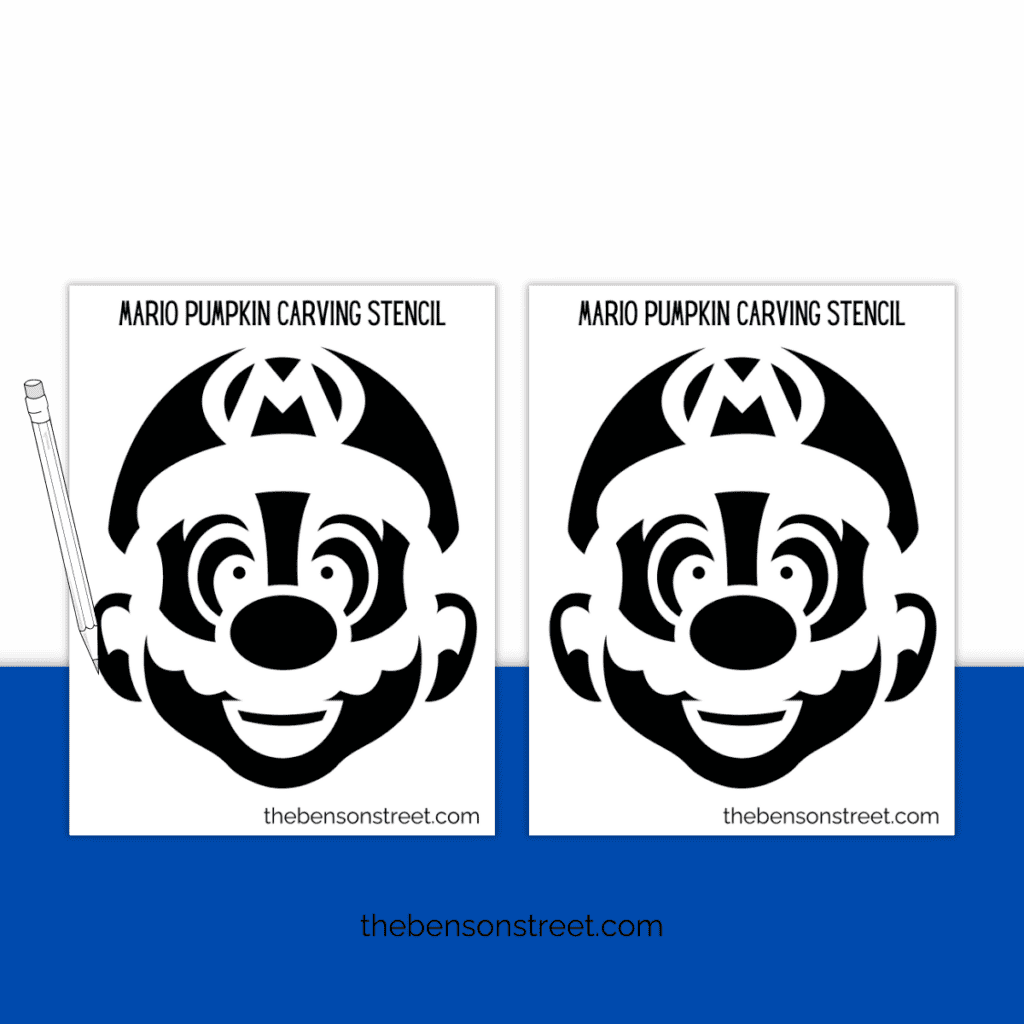 Close-up of a printable Mario pumpkin stencil showing bold lines for easy carving.