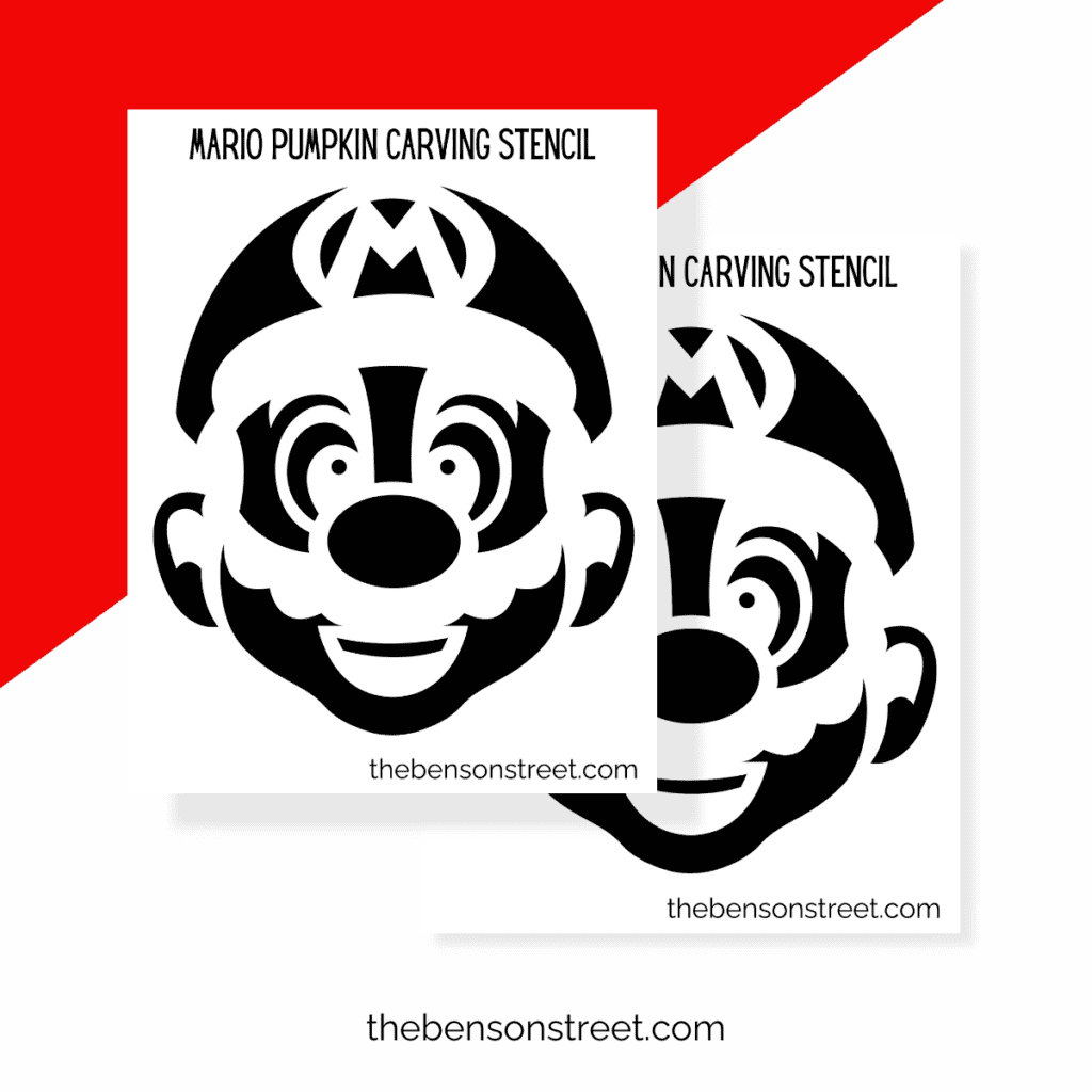Simple black-and-white Mario pumpkin stencil design on a printable page.