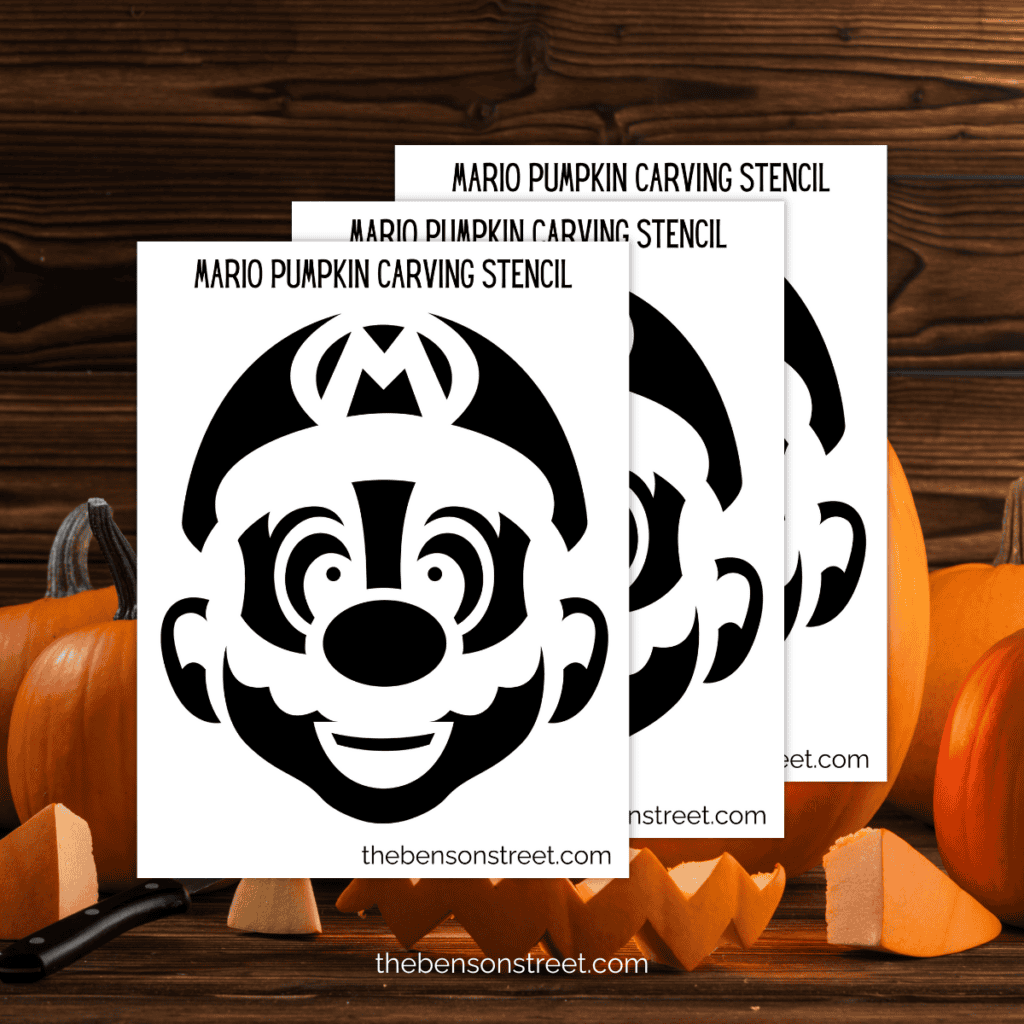 Printable Mario pumpkin carving template with clear outlines of Mario’s face.