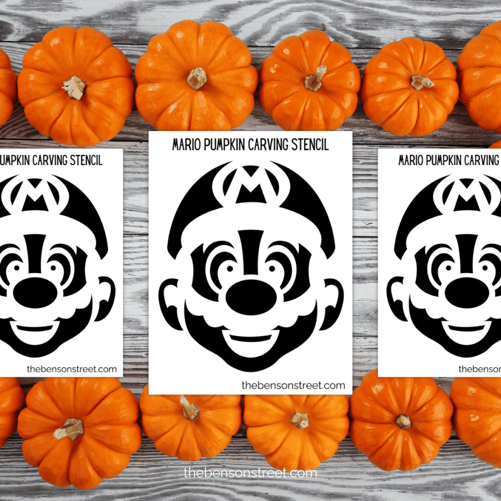 Printable page with a detailed Mario pumpkin carving stencil featuring Mario’s iconic mustache and hat.