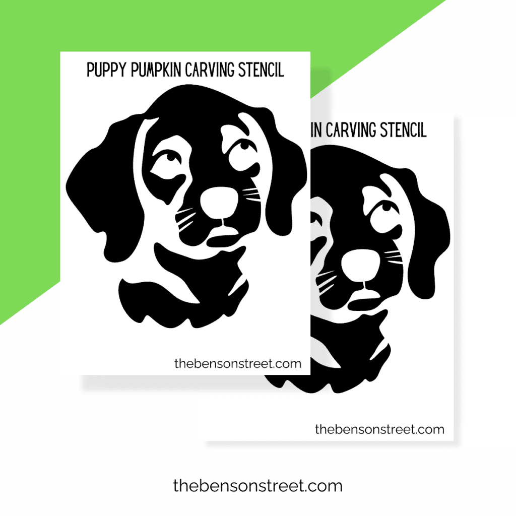 A cheerful printable stencil of a puppy’s face with a joyful expression, open mouth, and perky ears, designed to bring a lively and positive vibe to your Halloween pumpkin.