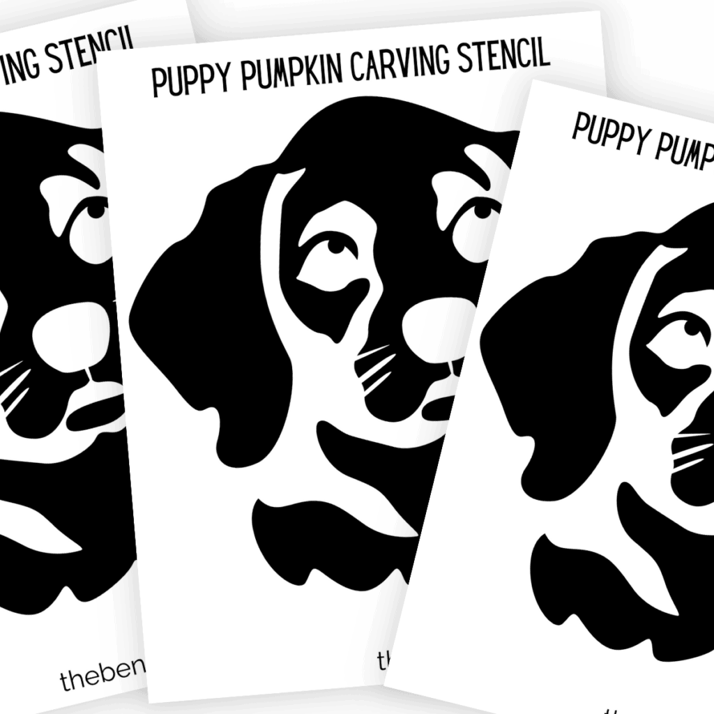 A printable stencil showing a more intricate design of a puppy’s face with added details like whiskers, fur texture, and expressive eyes, perfect for creating a lifelike carving on a pumpkin.
