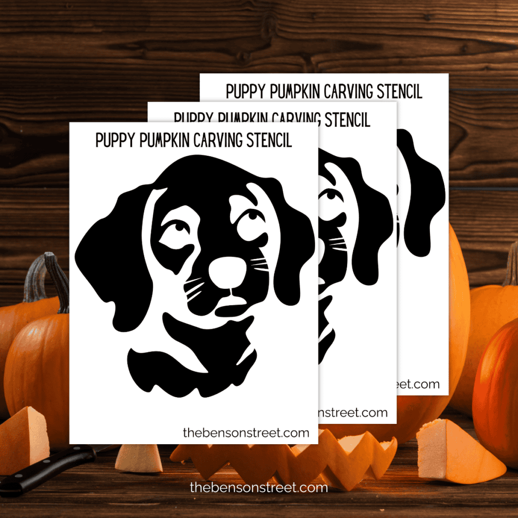 A black-and-white printable stencil featuring the outline of a cute puppy’s face, including big eyes, floppy ears, and a smiling mouth, designed to be easily transferred onto a pumpkin for carving.