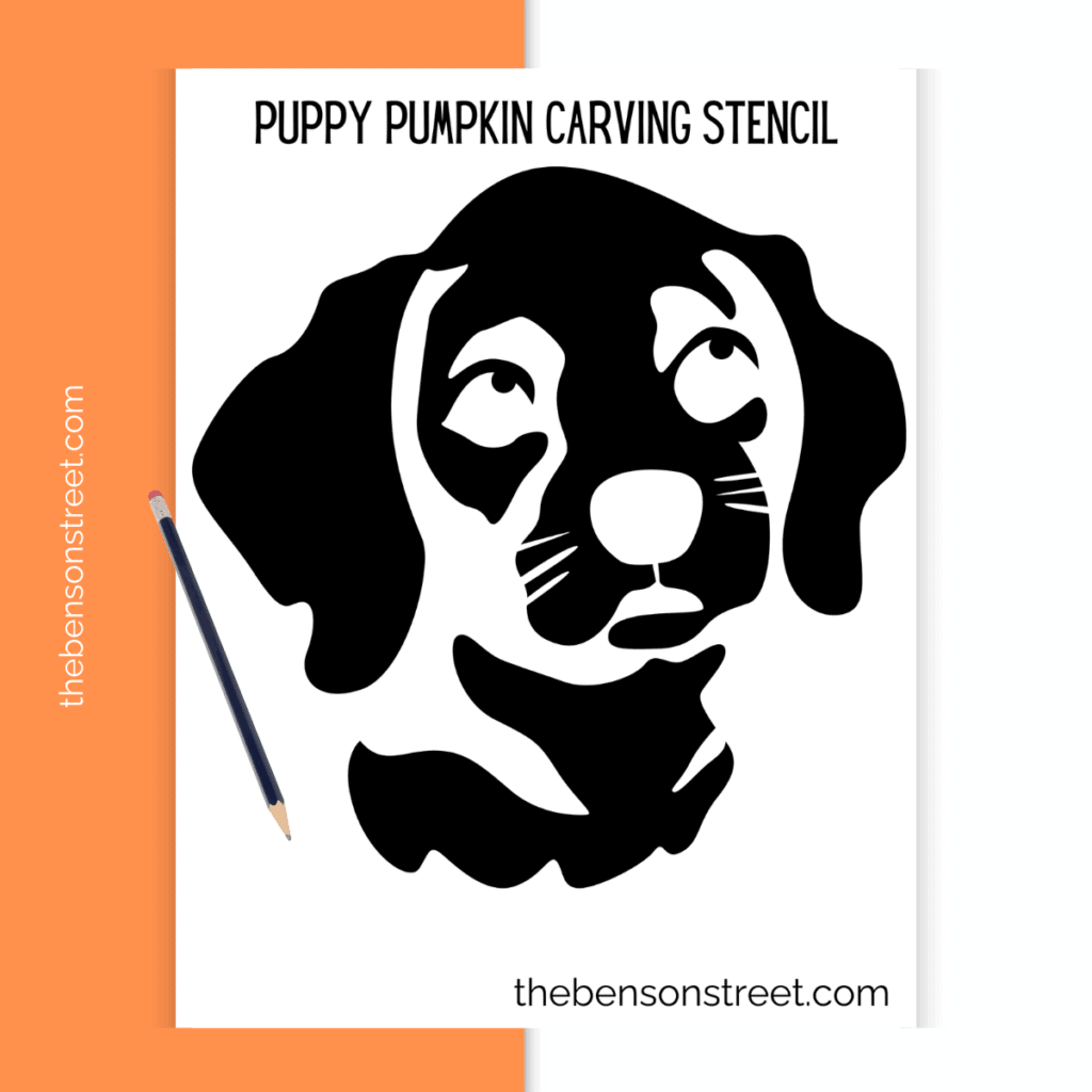 A fun and playful printable stencil of a puppy’s face, with exaggerated, cartoon-like features including large eyes and a wide grin, ideal for a kid-friendly pumpkin carving project.