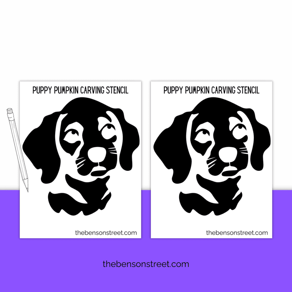 A printable puppy face stencil highlighting a heart-shaped nose and soft, rounded features, designed to add a touch of sweetness to your pumpkin carving.