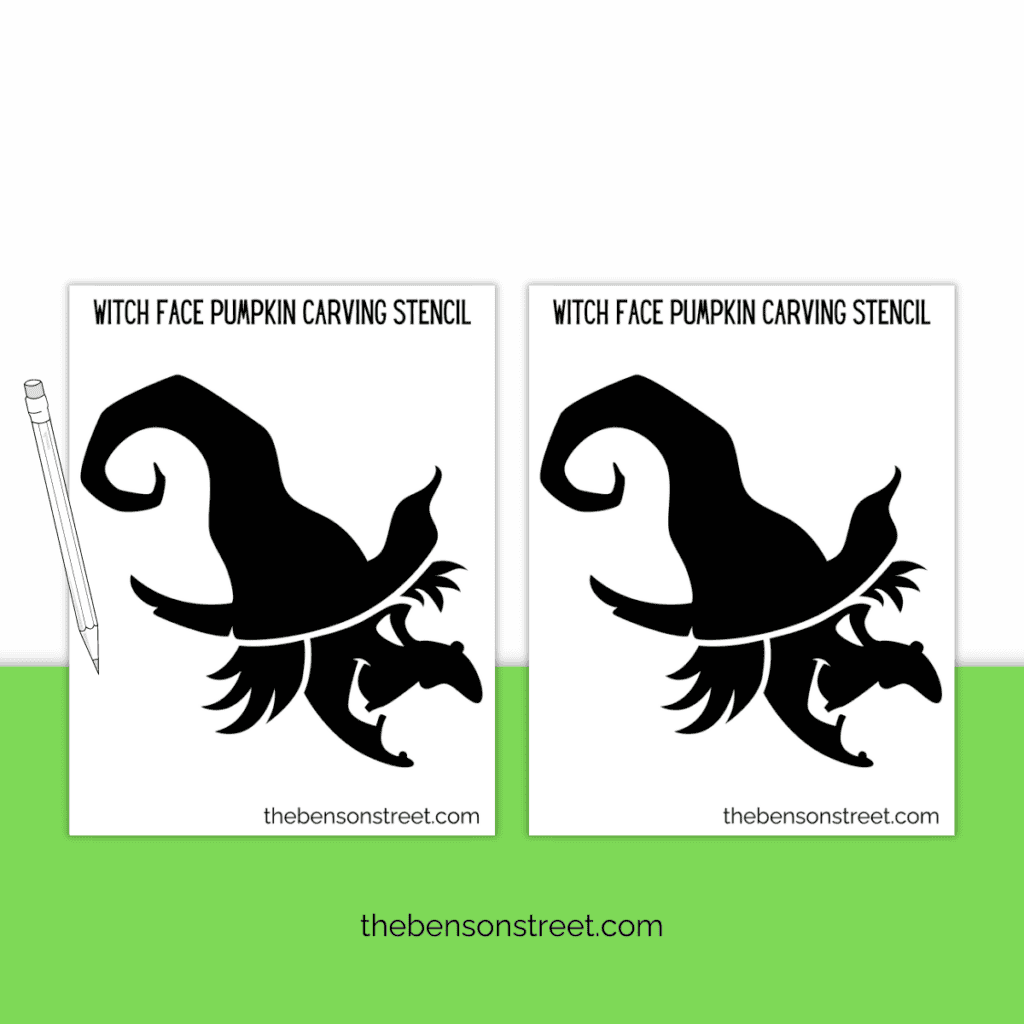 Black and white printable witch face stencil, showing a classic witch with a pointed nose and chin, ideal for Halloween pumpkin carving.