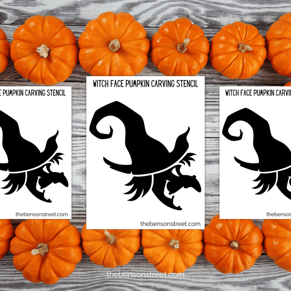 A close-up of a free printable witch face stencil with sharp lines and contours designed for easy transfer to a pumpkin.