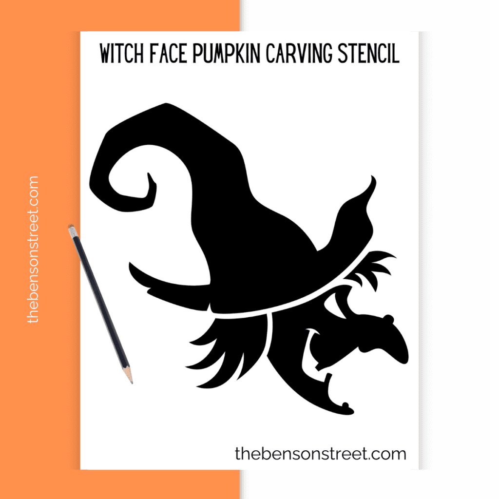Printable witch face pumpkin stencil featuring a detailed silhouette of a witch's profile with a pointed hat, perfect for carving onto a Halloween pumpkin.