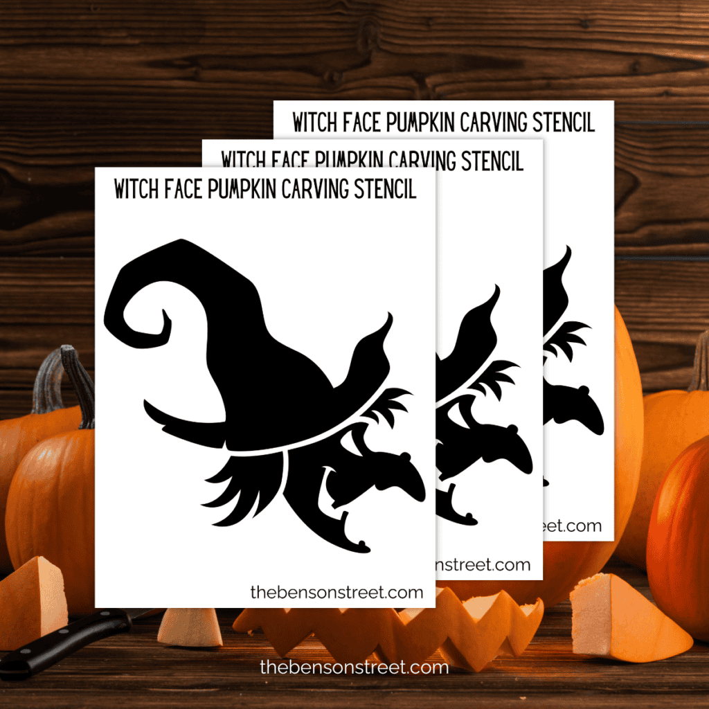 Halloween-themed pumpkin stencil showing a side profile of a witch's face, designed for easy printing and carving.