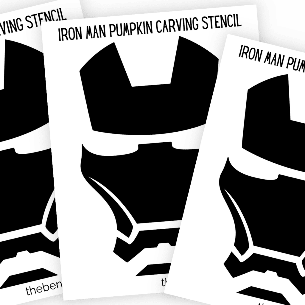 Iron Man pumpkin stencil template with detailed facial features, designed for easy transfer and carving.
