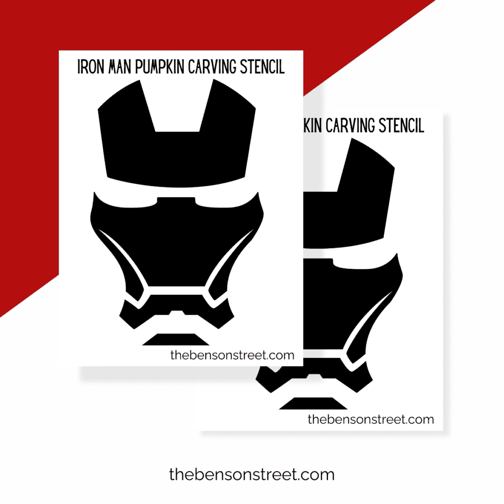 Iron Man stencil for pumpkin carving, displayed on a white background, highlighting the sharp lines of the helmet.