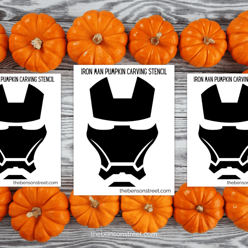 Simplified Iron Man helmet stencil for pumpkin carving, showing the sleek outline ready to be printed and used.