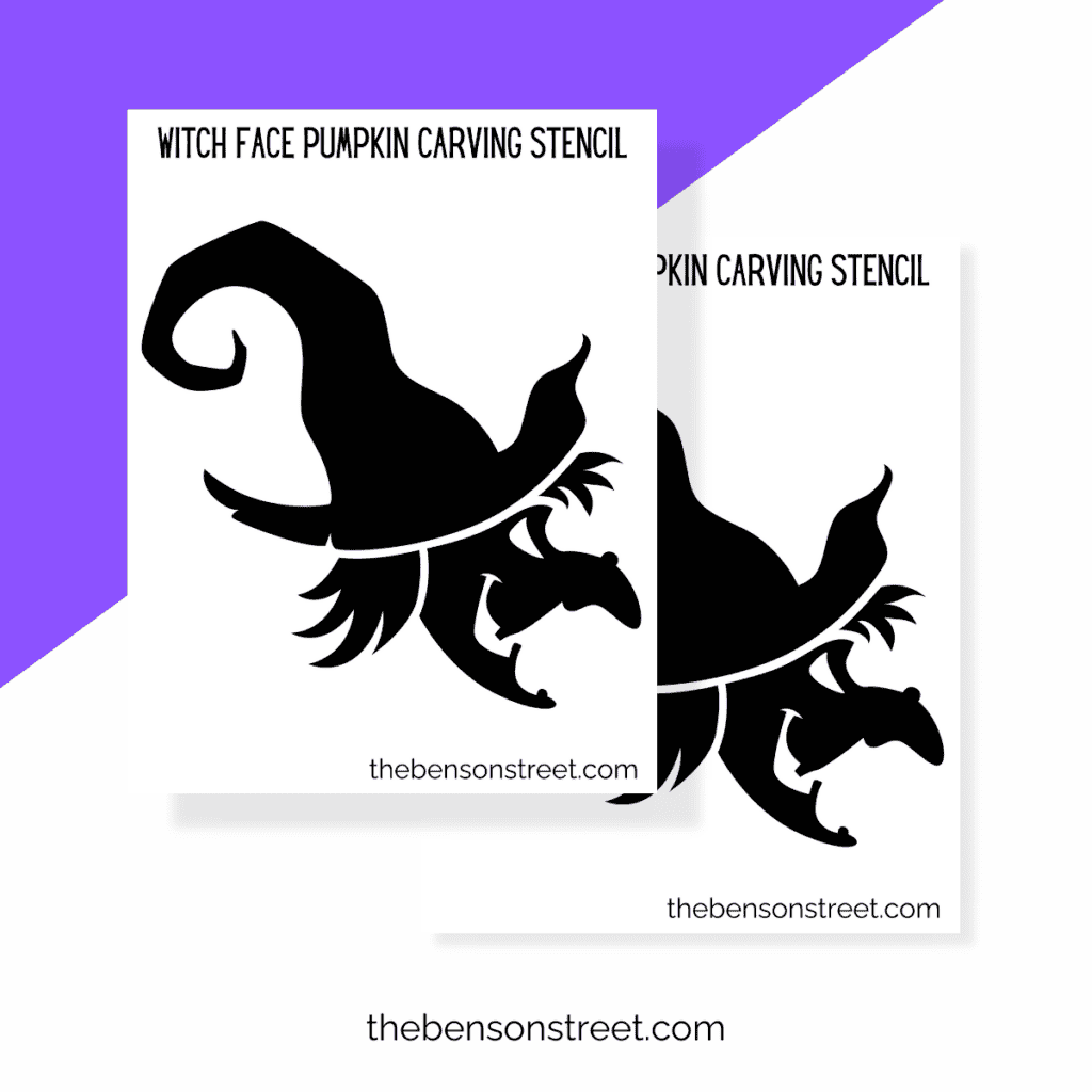Detailed witch face pumpkin stencil with intricate features, including the iconic pointed hat and curled nose, available as a free printable.