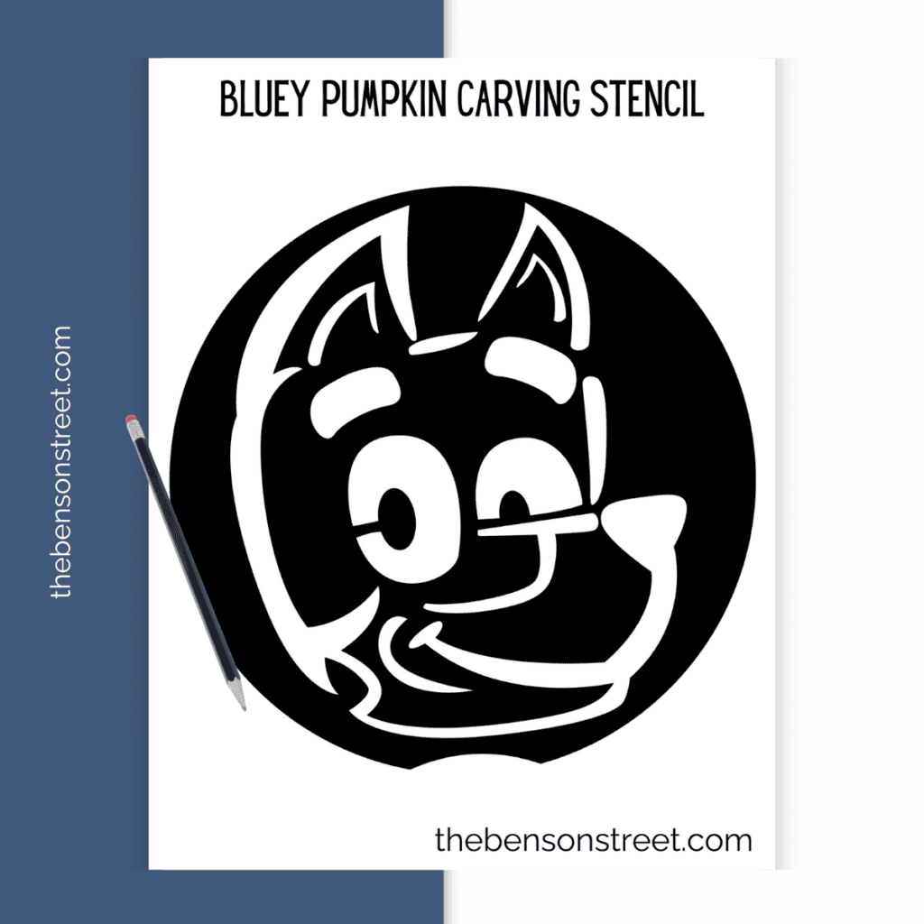 A black-and-white printable stencil of Bluey's face, designed for easy transfer onto a pumpkin for carving.