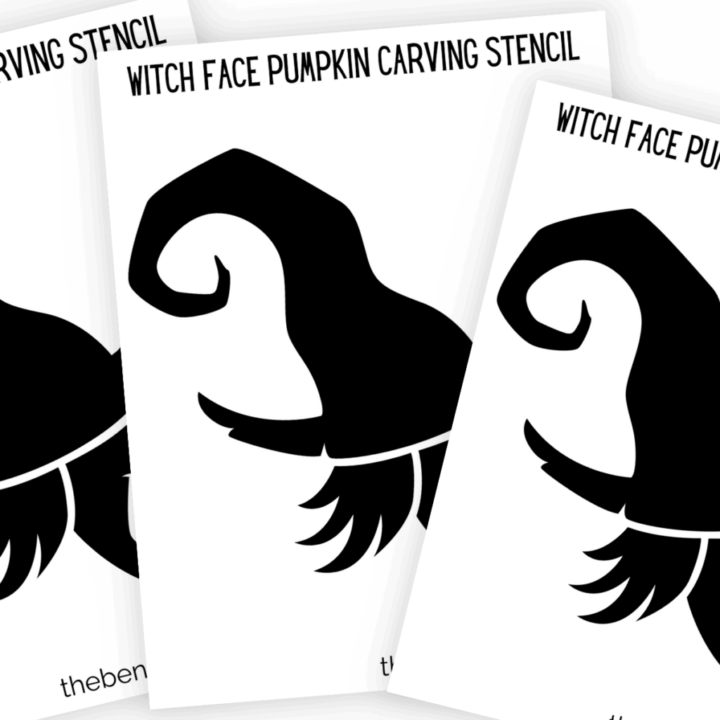 Printable template of a witch's face in a spooky silhouette style, perfect for transferring onto a pumpkin for carving.