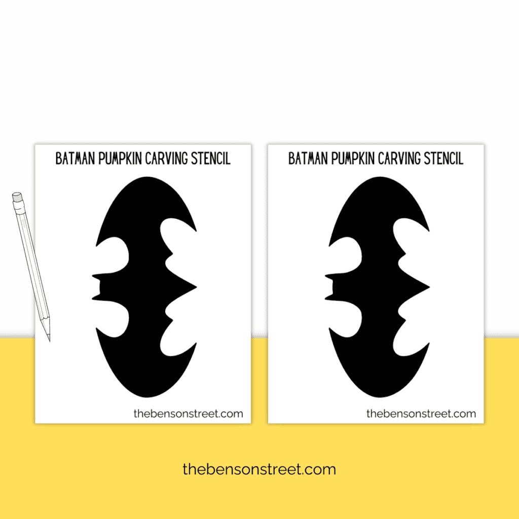 Image of a printable page with a Batman pumpkin stencil, showing the Batman symbol ready to be transferred to a pumpkin.
