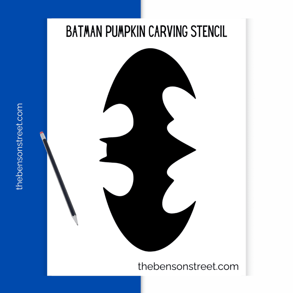Batman logo pumpkin stencil on a printable page, designed to help carve the iconic Batman symbol into a pumpkin for Halloween."