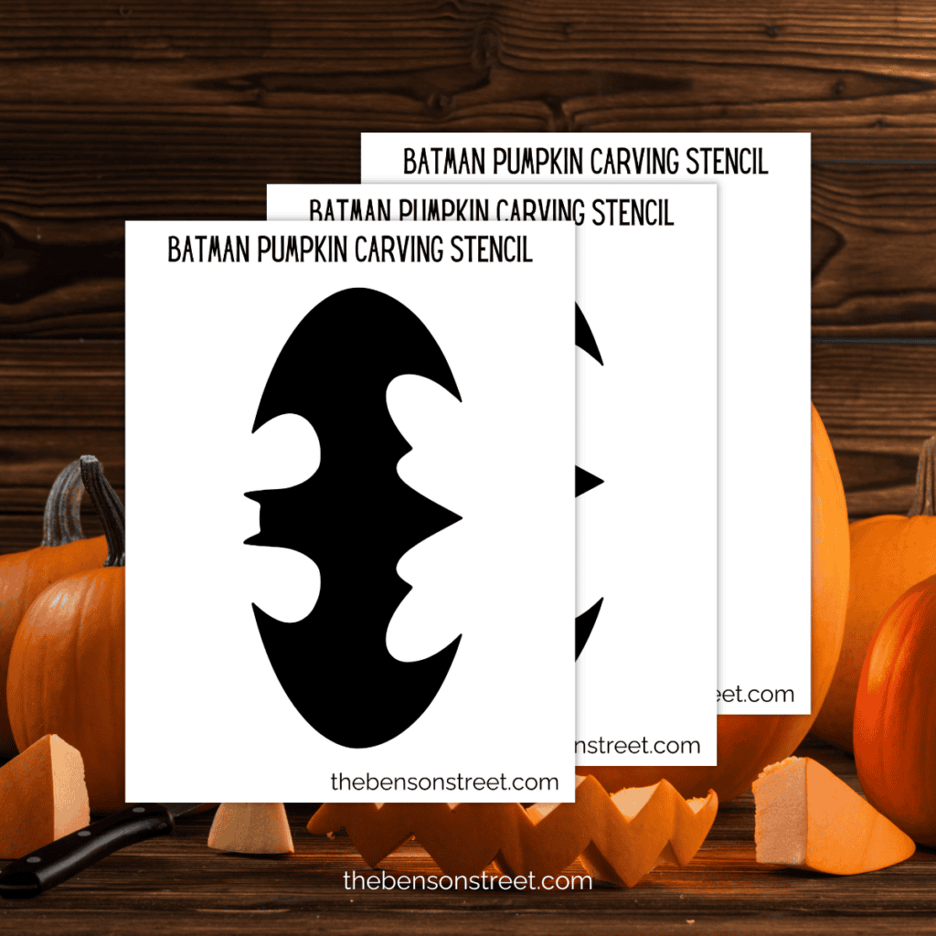 Printable Batman pumpkin stencil on a white background, with bold lines outlining the classic Batman logo for pumpkin carving.
