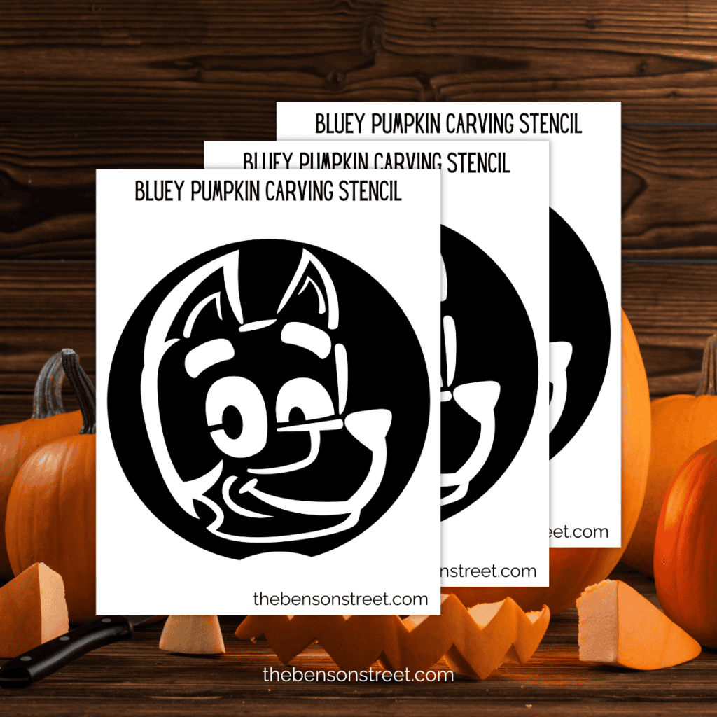 A detailed free printable stencil of Bluey's face, shown in black and white, designed for pumpkin carving enthusiasts.