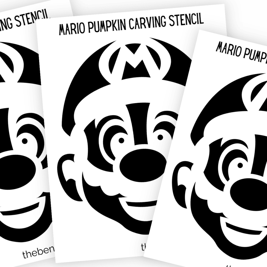 Detailed printable Mario stencil for carving a pumpkin, showing Mario’s face and hat.