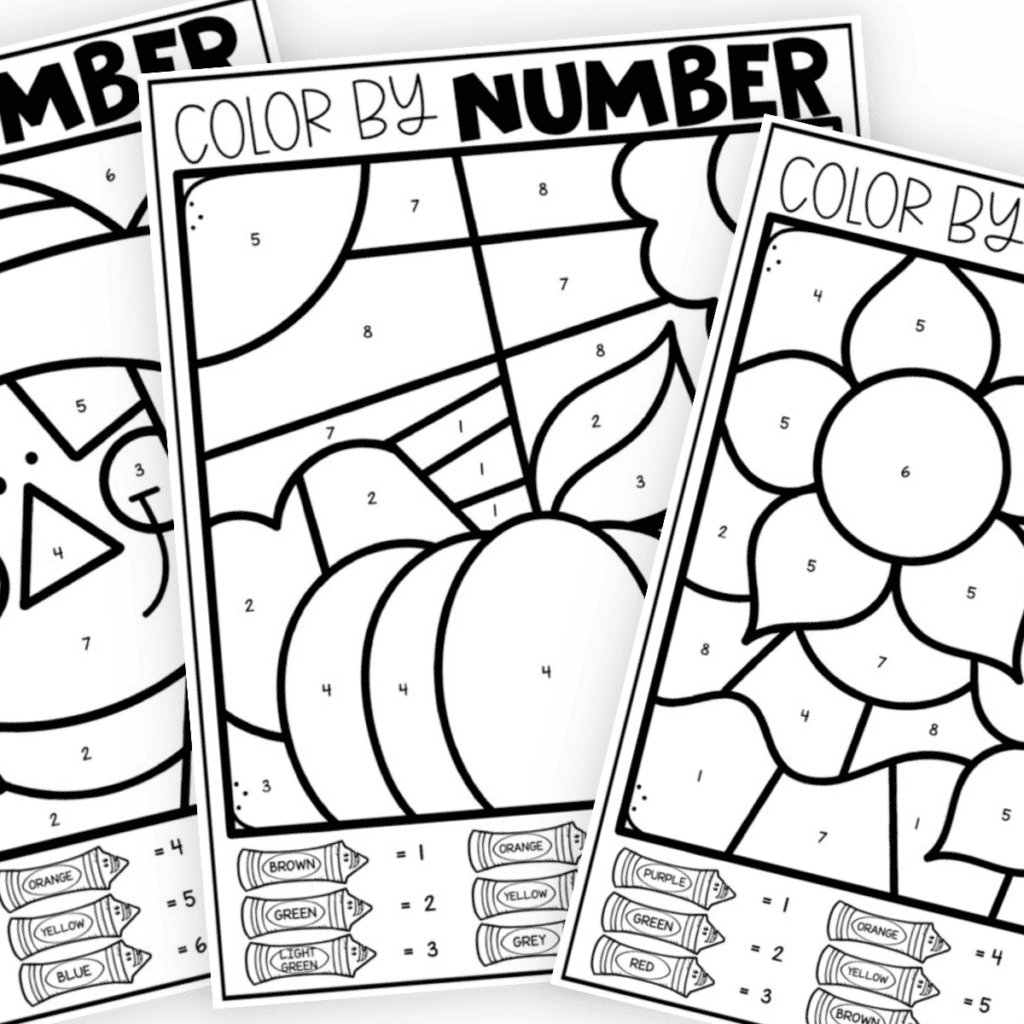 Stack of three free printable color by number fall pages