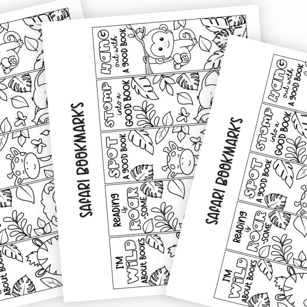 A collection of printable safari animal bookmarks, including a zebra, lion, and giraffe, with creative designs and ample space for coloring.