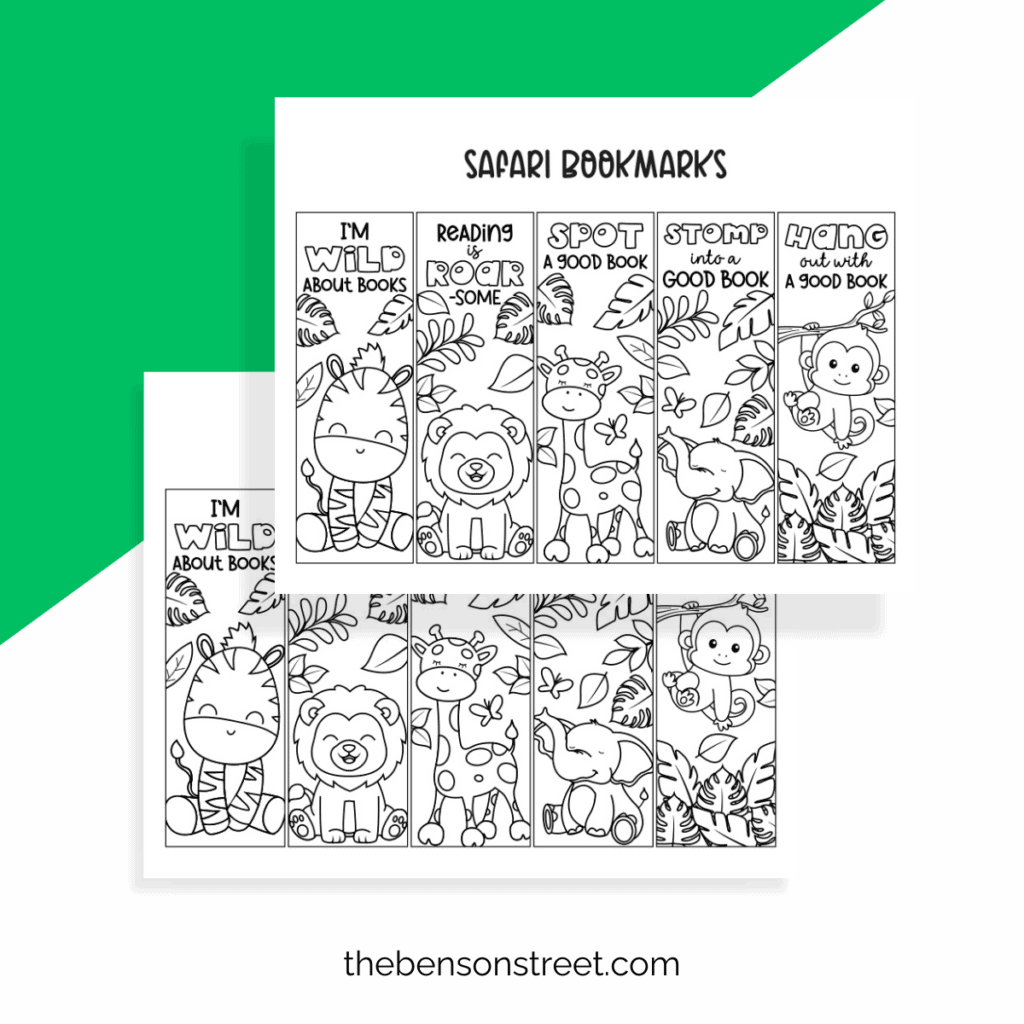 A set of five printable safari animal coloring bookmarks featuring a lion, elephant, giraffe, monkey, and zebra, each with intricate patterns for kids to color.