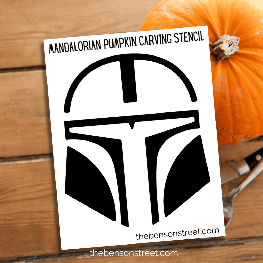 Printable stencil of the Mandalorian Helmet, ready to be traced and carved.