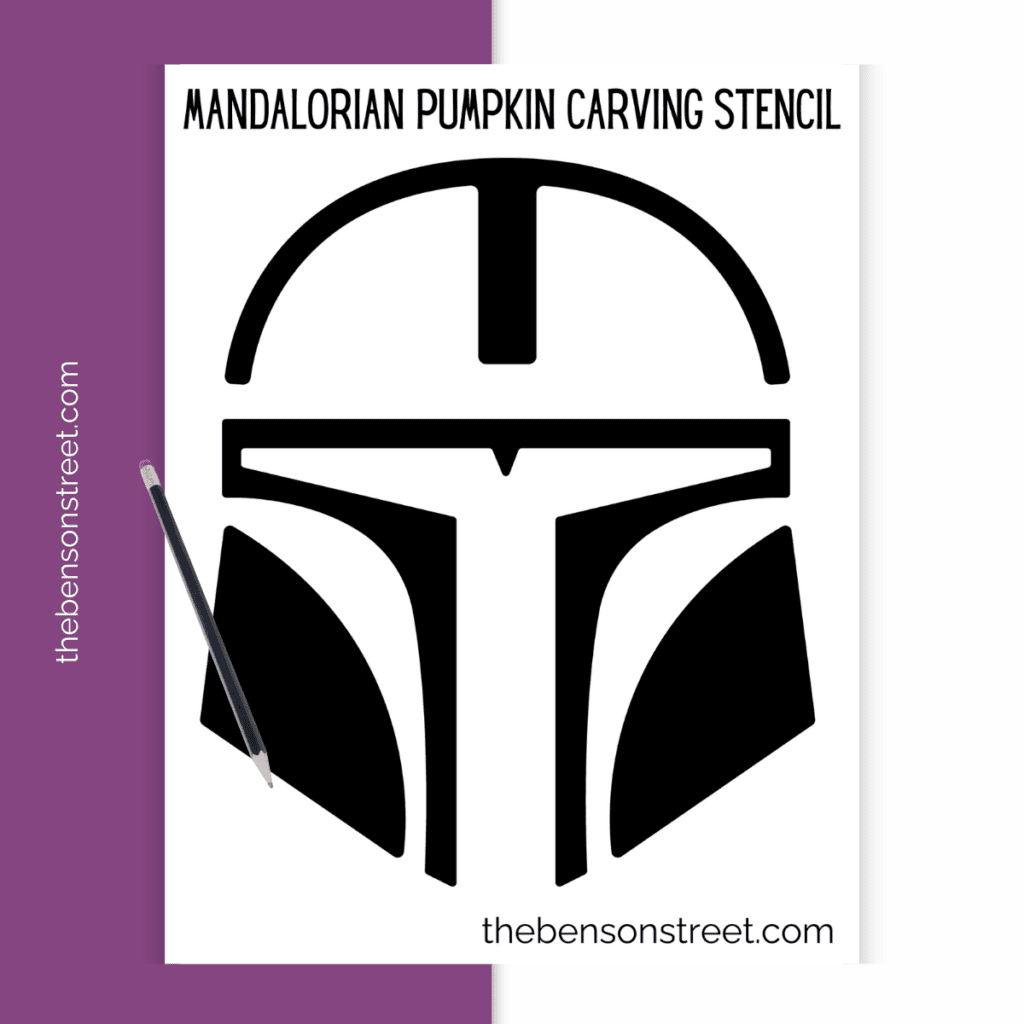 Black-and-white outline of the Mandalorian Helmet stencil on a standard letter-sized paper, designed for pumpkin carving.