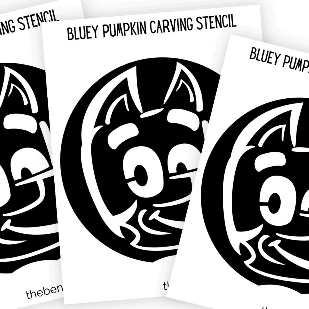 A close-up of a printable stencil featuring Bluey's face, ready to be used as a template for carving a pumpkin.