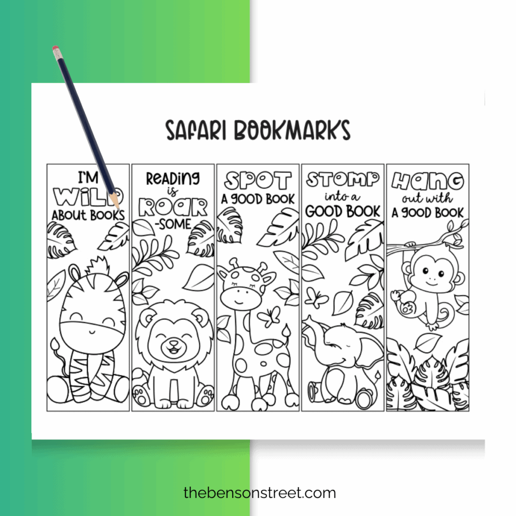 A set of black and white safari themed animal coloring bookmarks with a pencil on top ready to be colored in.