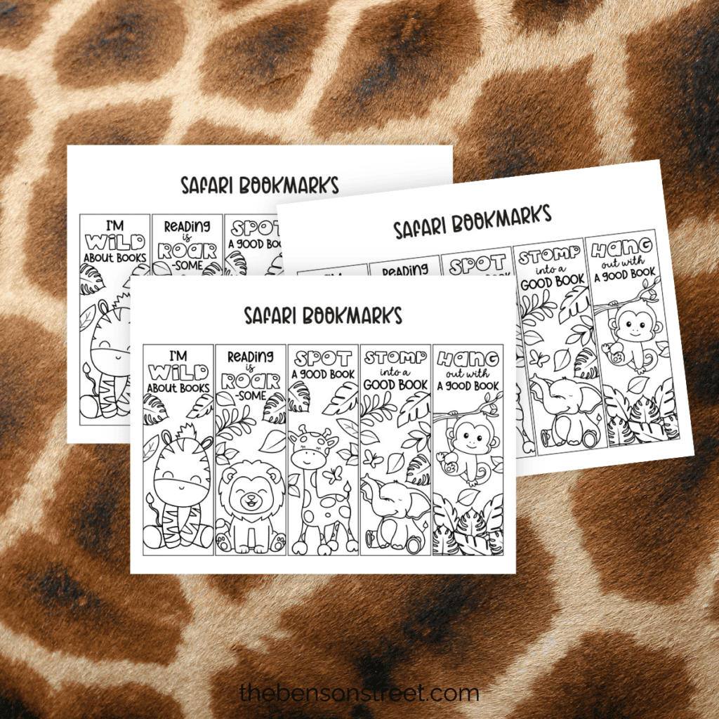 A fun and playful safari animal bookmark featuring a zebra with bold stripes, ready to be colored by kids. With four other bookmarks with safari animals.