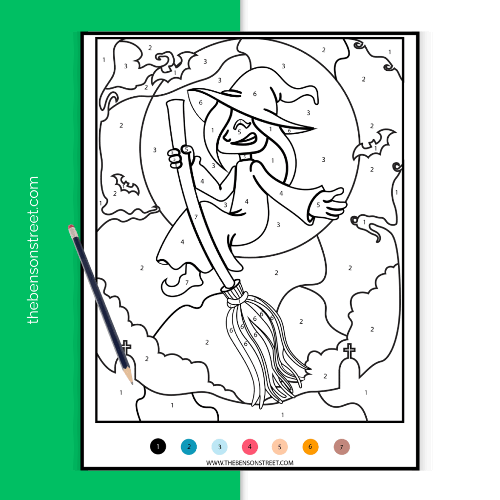 Color by number worksheet for Halloween with a witch flying on a broomstick, ready to be colored using the number guide.