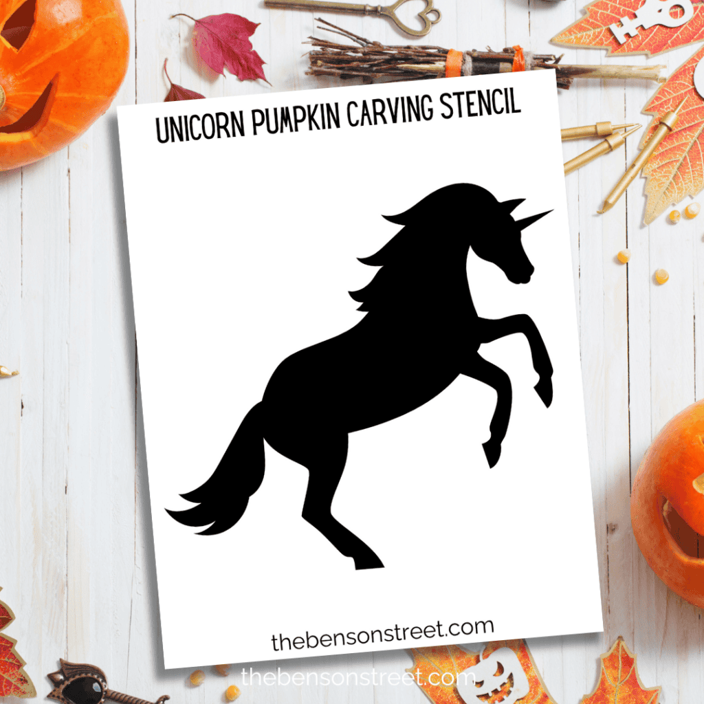 Free printable unicorn pumpkin carving template with intricate design.