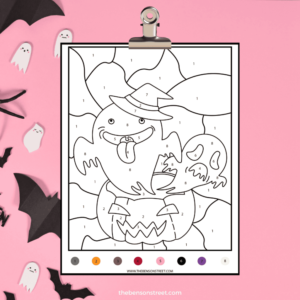 Free Halloween-themed color by number worksheet showing a friendly ghost coming out of a pumpkin.