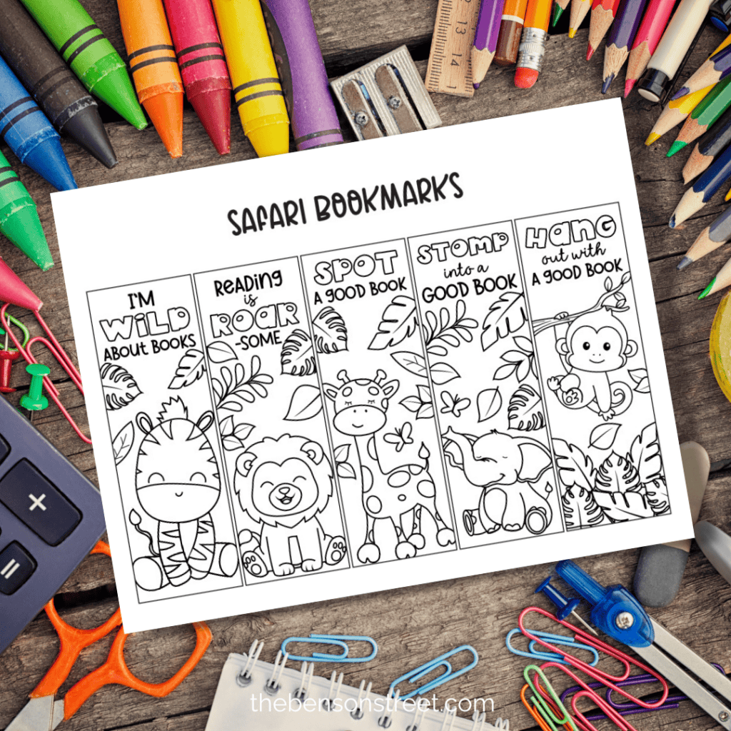 A printable set of five safari animal bookmarks, including a baby elephant, zebra, giraffe, monkey, and lion, with blank outlines for children to color in.