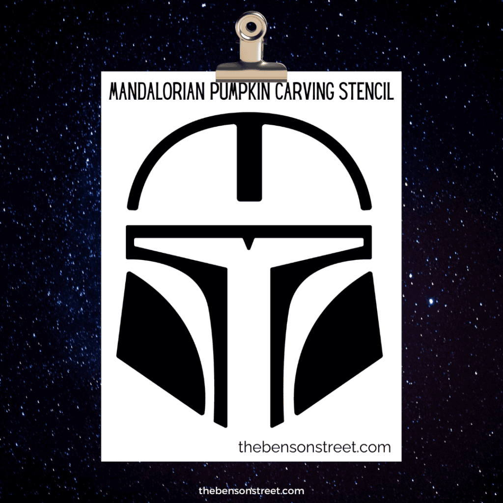 The Mandalorian Helmet pumpkin carving stencil with clear, bold lines against a white background.