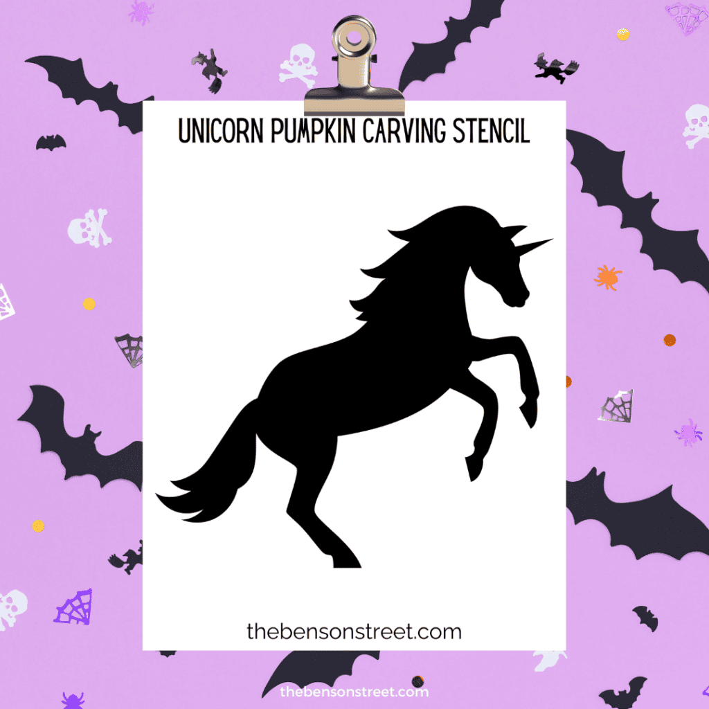 Whimsical unicorn stencil for pumpkin carving, crafting, free to print.