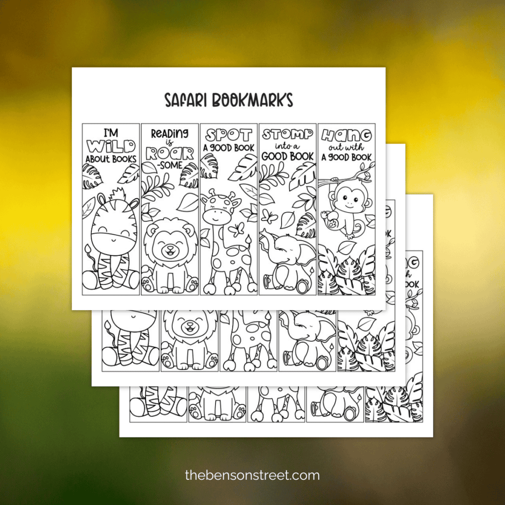 A safari animal bookmark featuring a lion with a full mane, framed by leaves and swirls, ready to be colored by young readers. Plus four other featured animal designs.