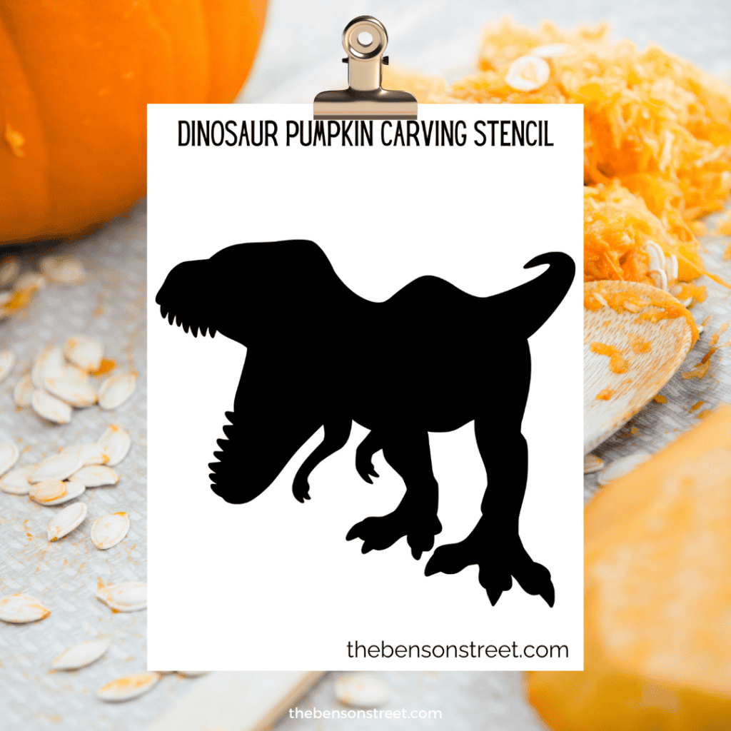 Side view of a T-Rex stencil, featuring the dinosaur’s full body, including its tail and clawed feet, ideal for carving.