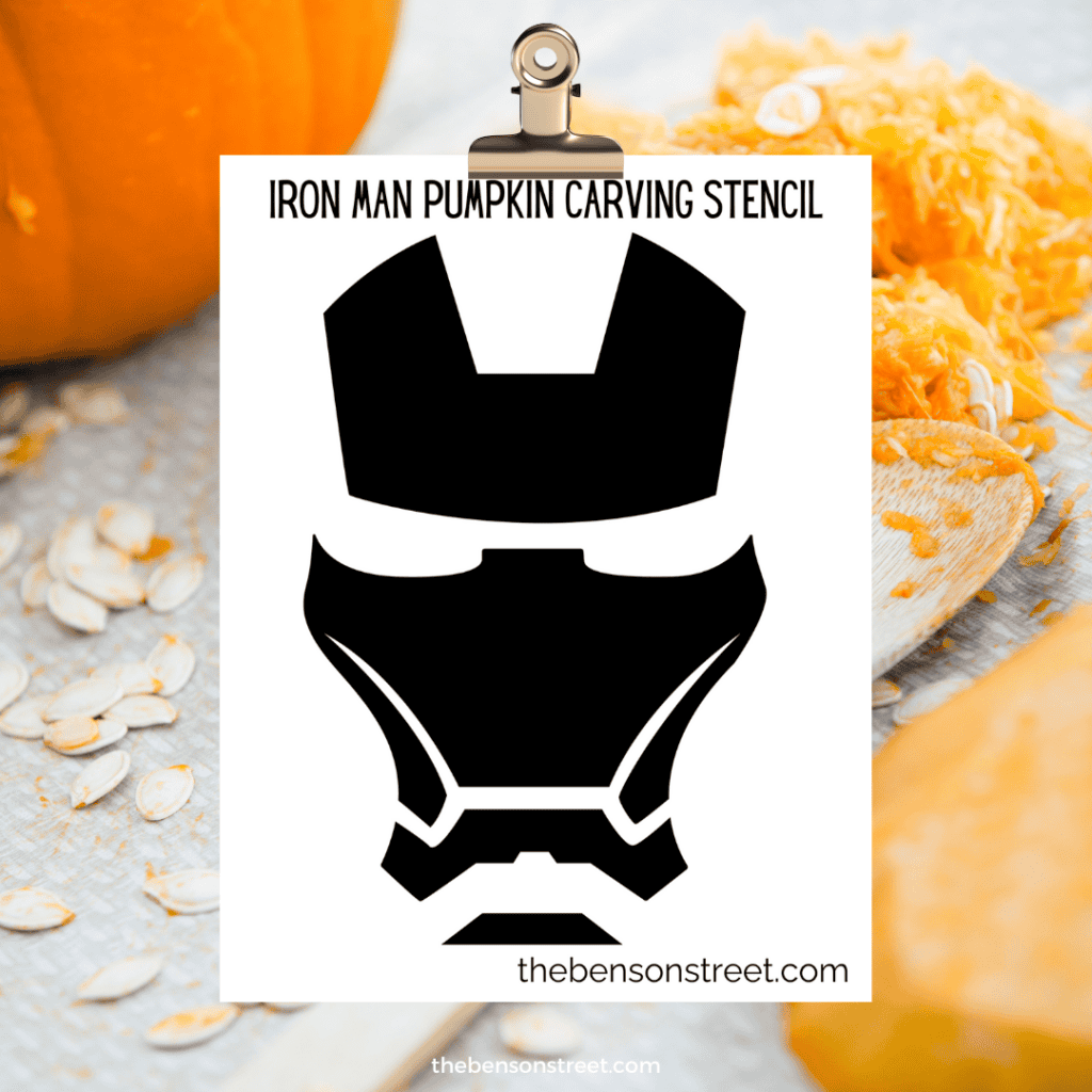 Printable template of Iron Man’s mask for pumpkin carving, emphasizing the angular design suitable for a superhero pumpkin.