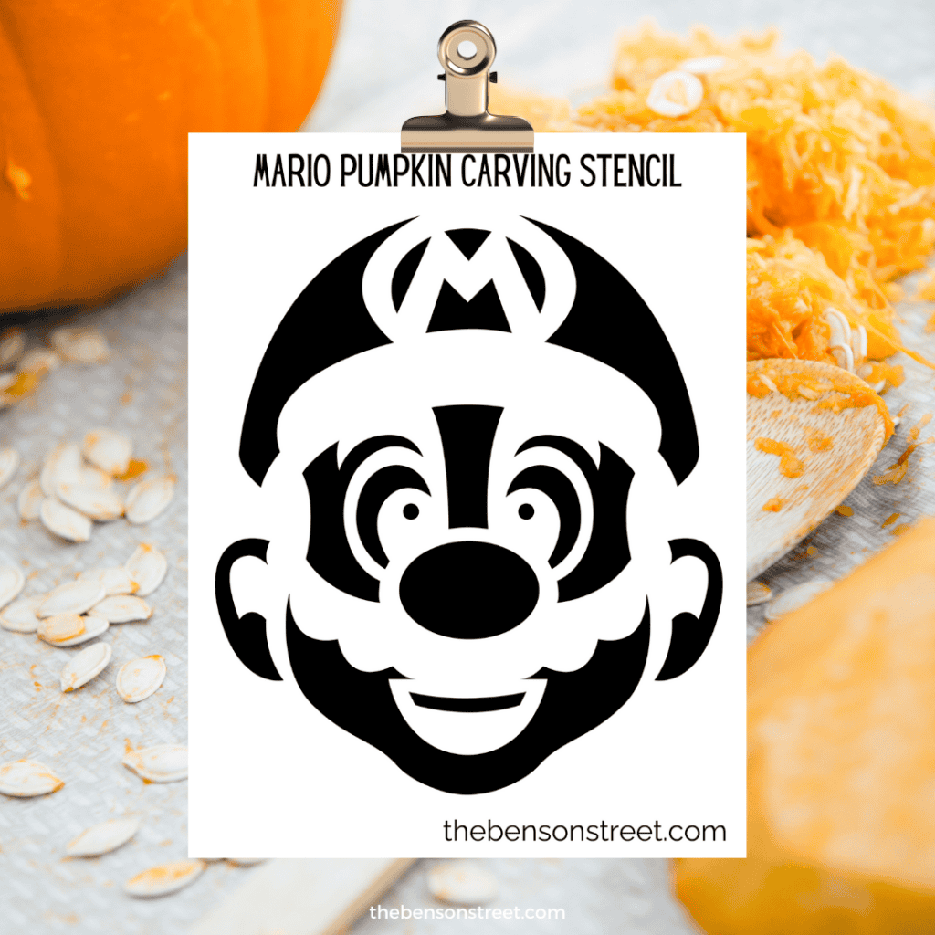 Printable page displaying a Mario pumpkin carving stencil, with Mario’s hat and mustache prominently featured.