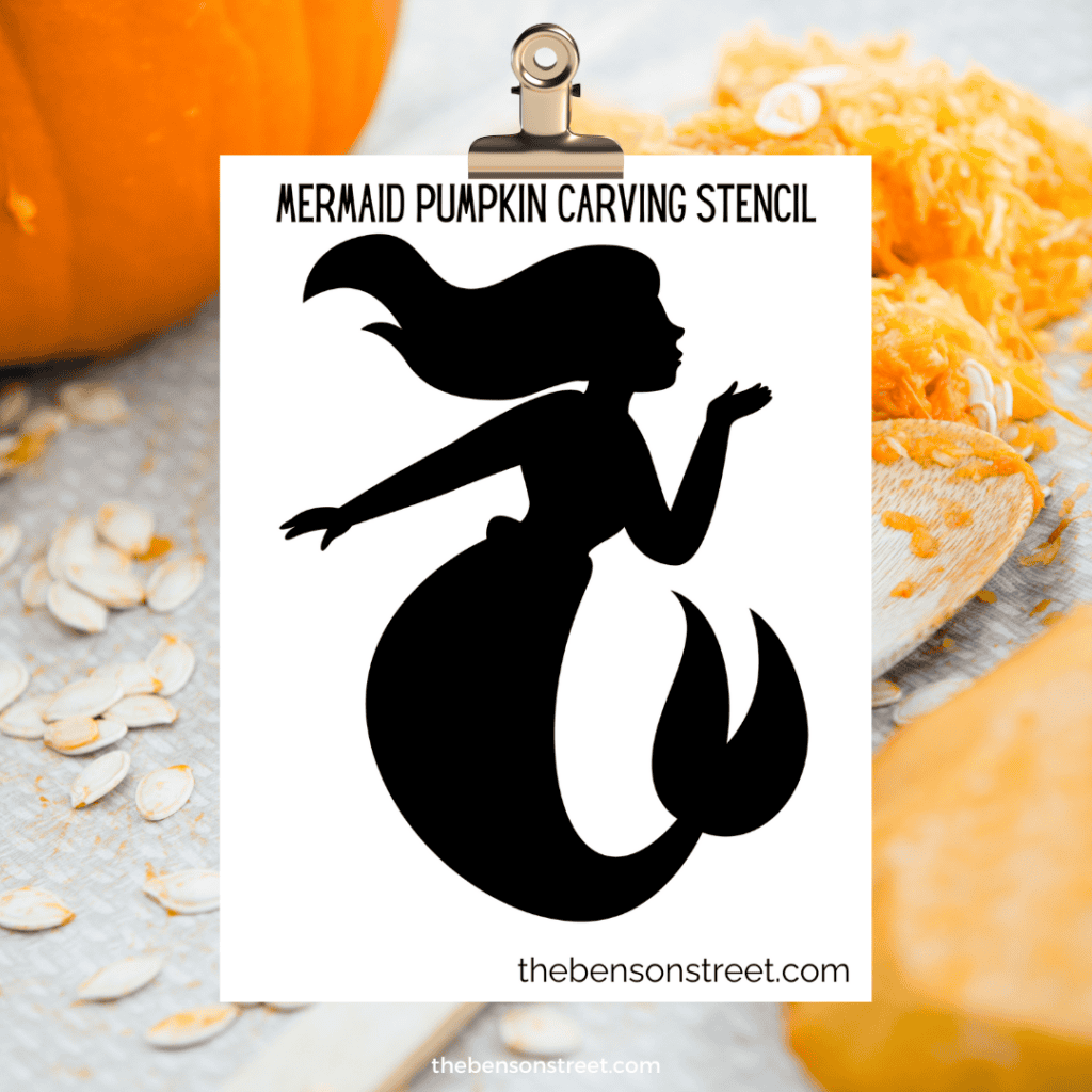 Printable stencil of a mermaid sitting on a rock, her tail curled beneath her, designed for easy pumpkin carving.